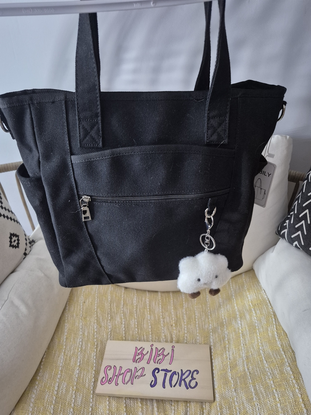Nubily Black Canvas Tote Bag with Removable White Plush Charm